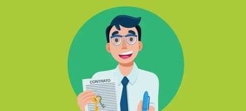 Ilustración de persona sosteniendo contrato llaves y pluma relacionado con compra de vivienda