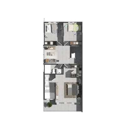 Plano de segundo nivel de vivienda con tres habitaciones baños y área de distribución interior