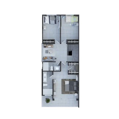 Plano de segundo nivel de vivienda con dormitorios baños y área de distribución interior
