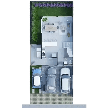 Plano de vivienda con área social cocina jardín trasero y estacionamiento para tres vehículos