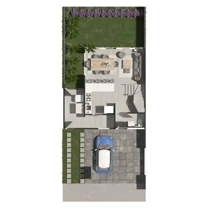 Plano de vivienda con cocina comedor sala jardín trasero y estacionamiento para un vehículo