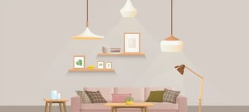 Ilustración de sala de estar con sofá mesa lámparas colgantes y decoración en repisas