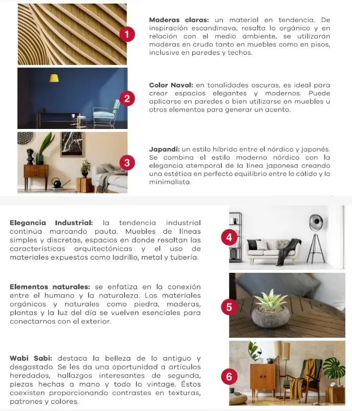 Infografía sobre tendencias de decoración como maderas claras color naval japandi estilo industrial y elementos naturales