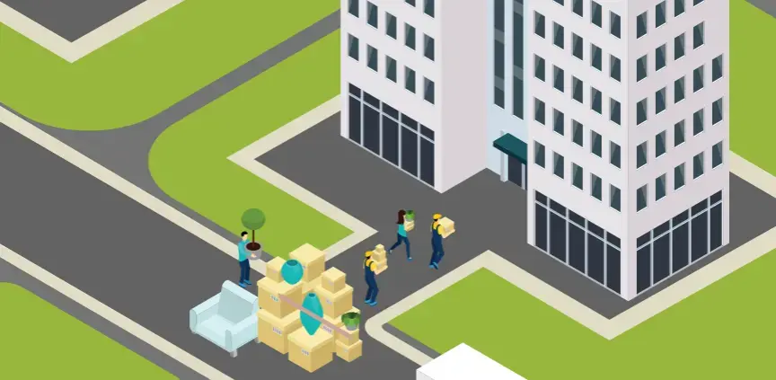 Ilustración de personas mudándose a edificio con cajas y muebles en la calle