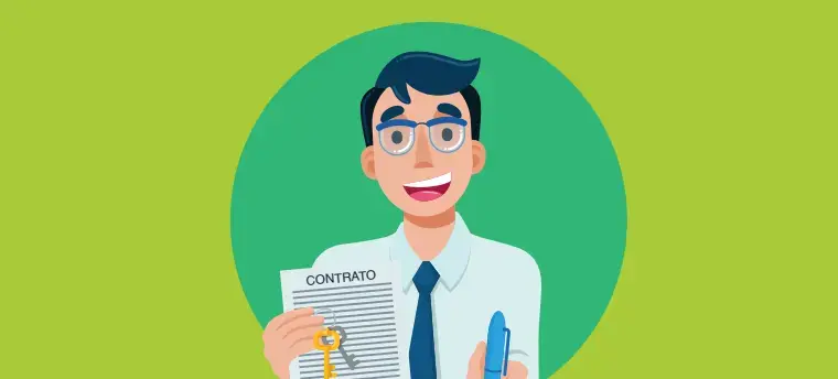 Ilustración de persona sosteniendo contrato llaves y pluma relacionado con compra de vivienda