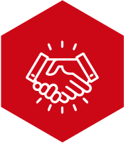 Icono de línea blanca que muestra un apretón de manos, simbolizando confianza y compromiso, dentro de un hexágono de color rojo sólido.