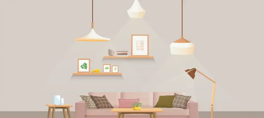 Ilustración de sala de estar con sofá mesa lámparas colgantes y decoración en repisas